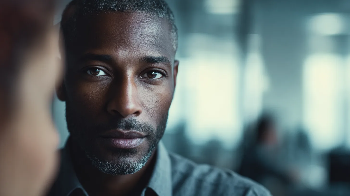 A close frame of a man listening, shot past the shoulder of the other person