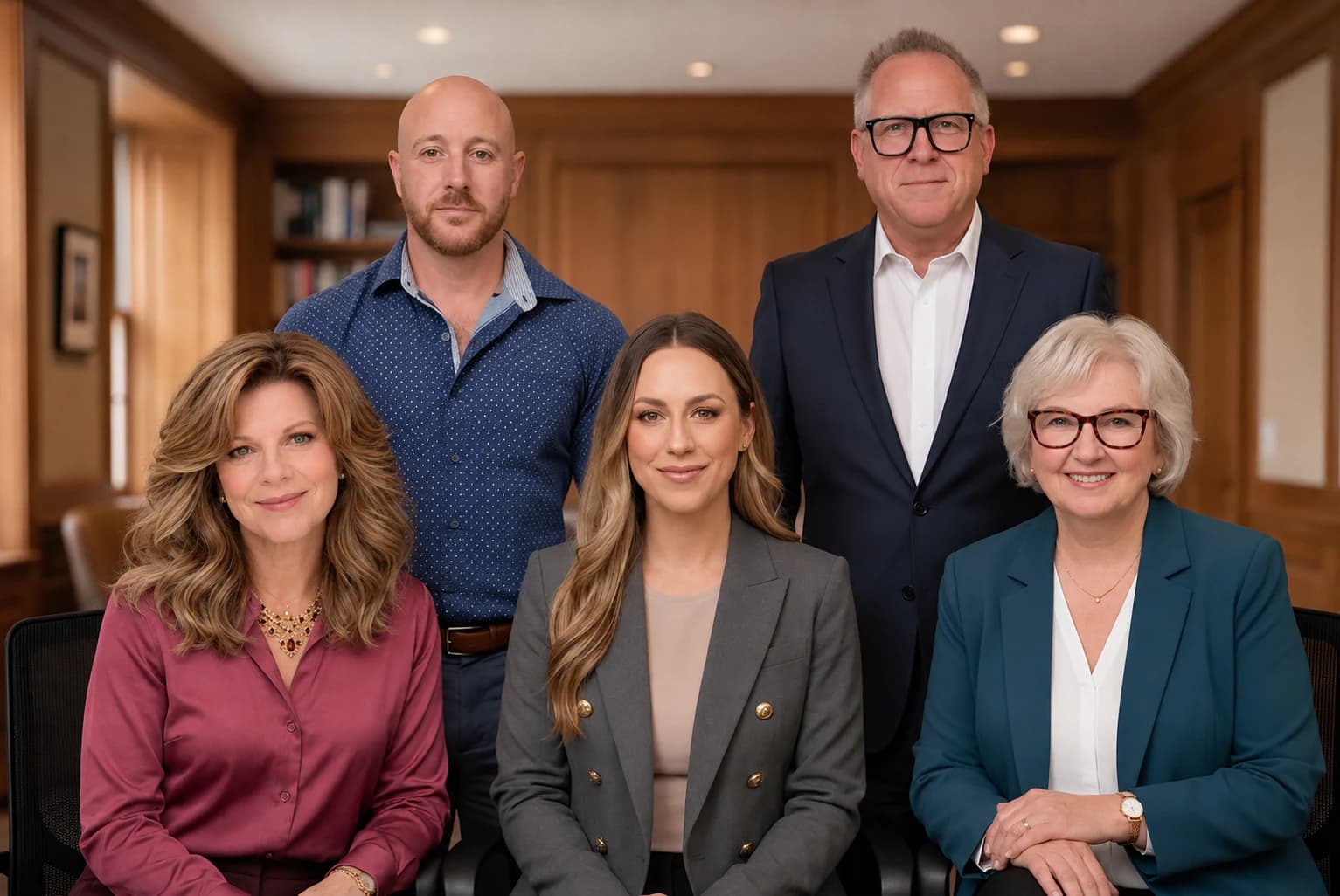 The five founding directors of NAPSDM, three seated and two standing, in a panelled boardroom