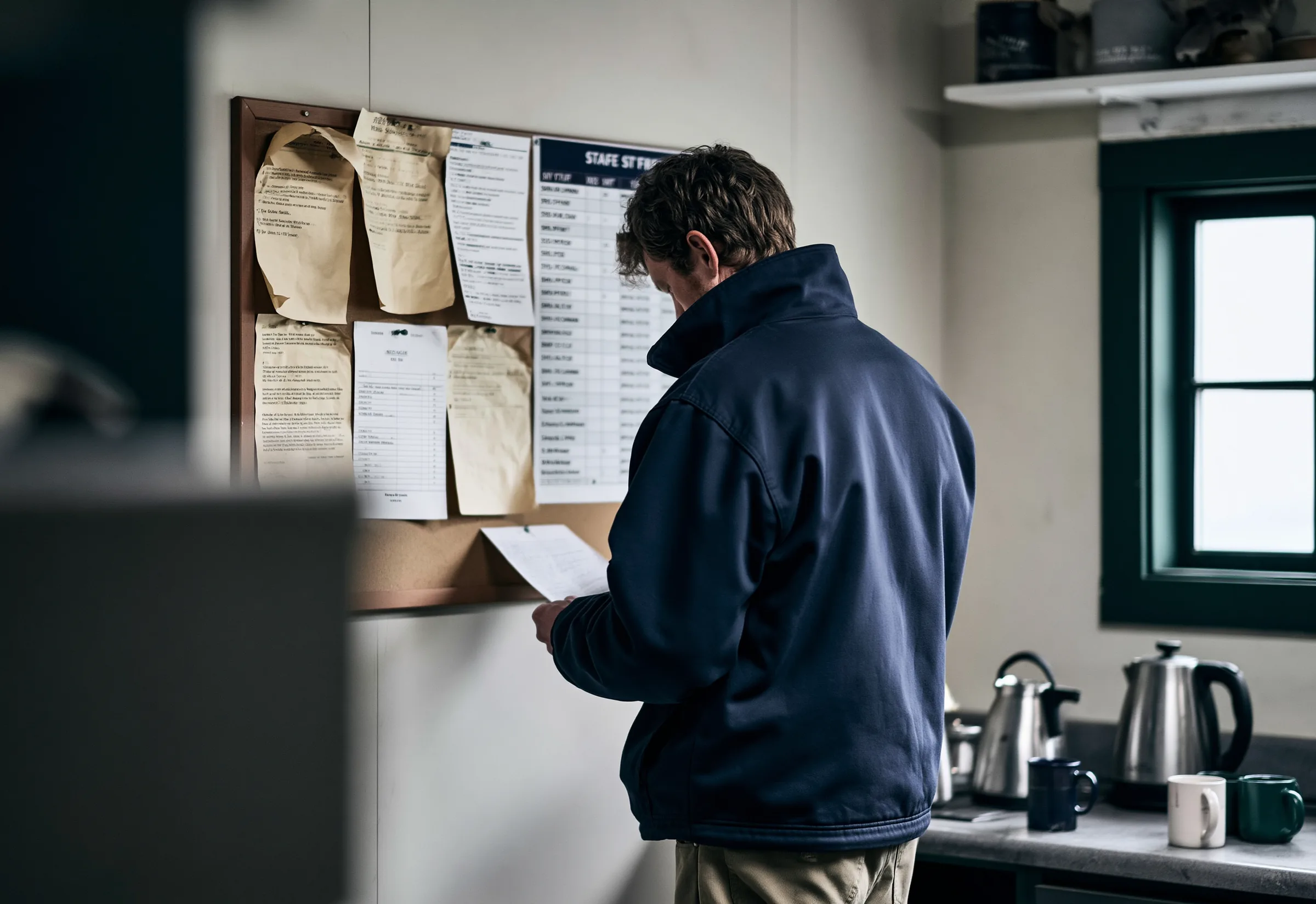 A worker in a navy jacket reading a sheet pinned to a staff noticeboard in a break room, kettles and mugs on the counter beside