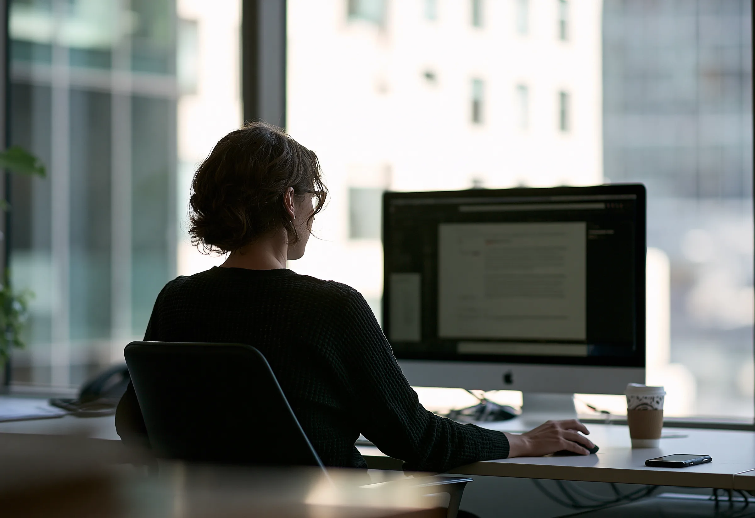 A case manager seen from behind, sitting back at a large monitor in bright daylight, a coffee and a phone on the desk
