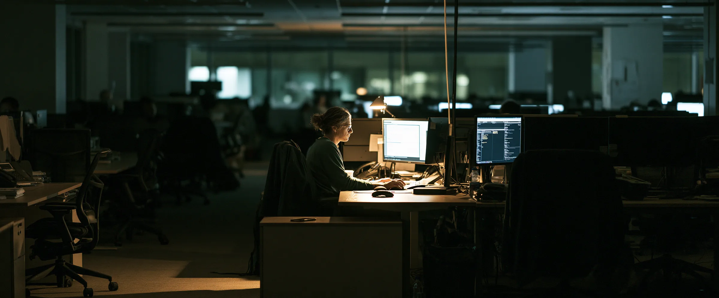 A case manager alone at a desk late in the evening, their face and hands lit by two monitors in an otherwise dark open-plan office