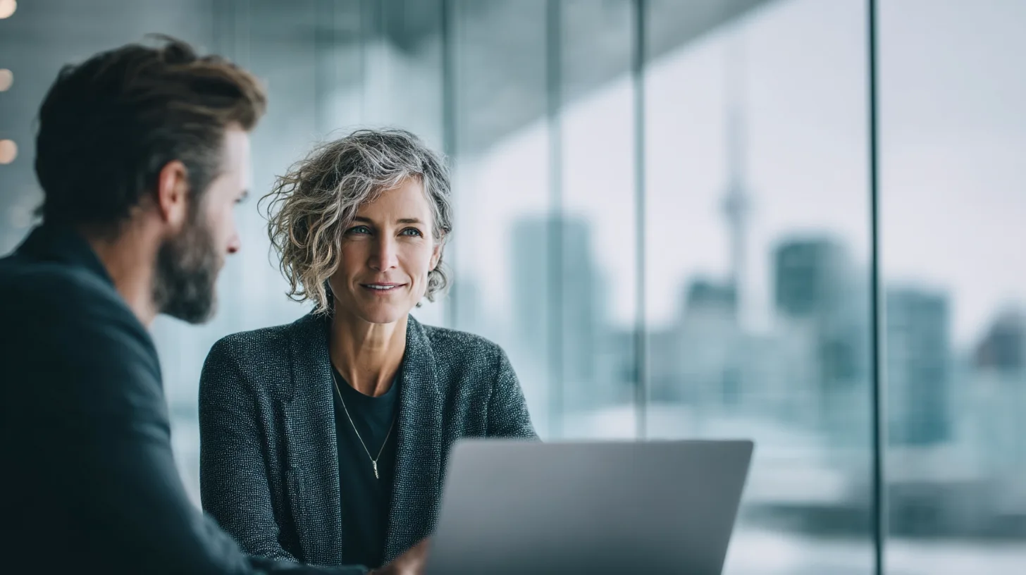 Two colleagues in conversation over a laptop, a city skyline through the glass behind them