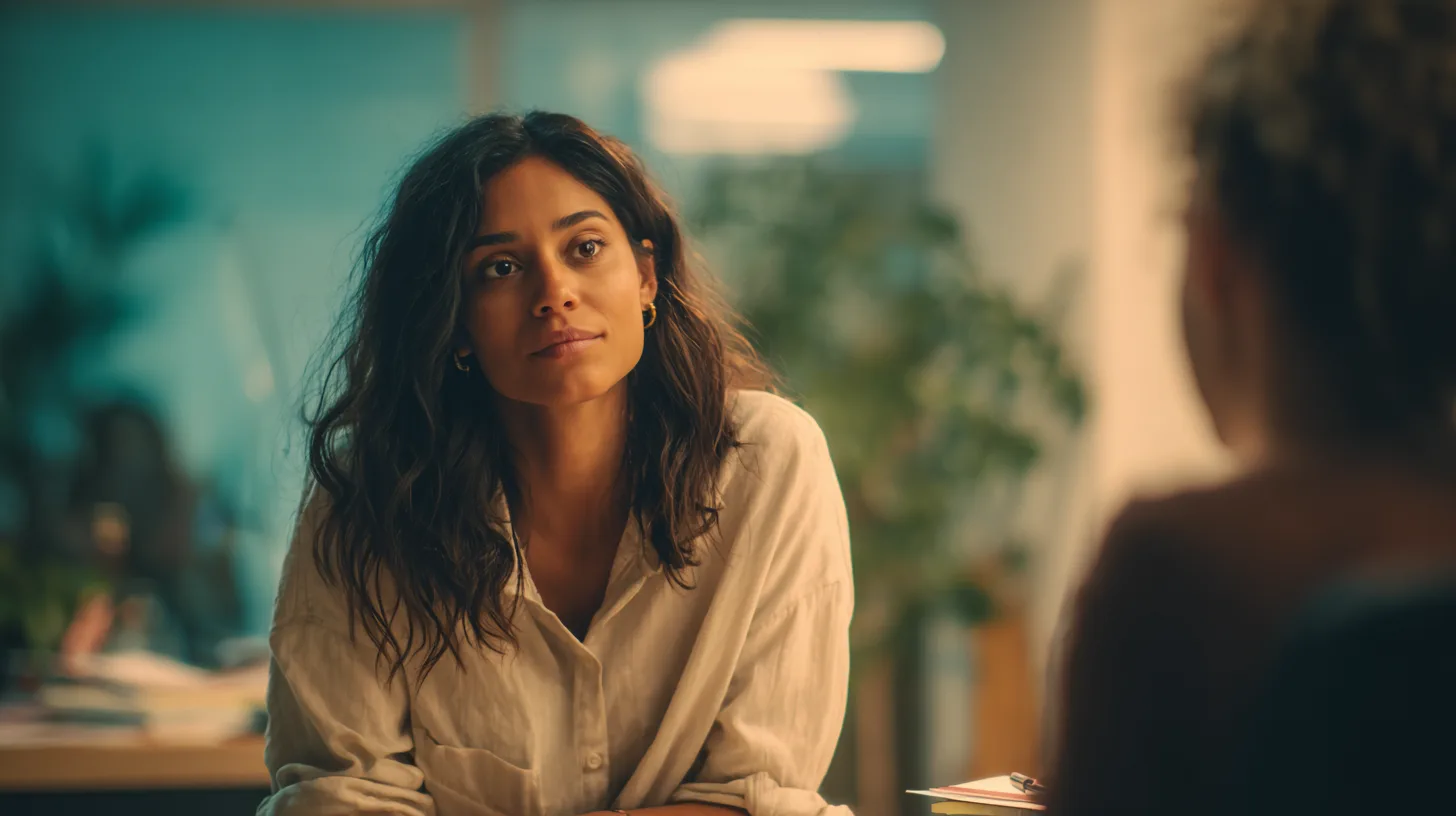 A woman in conversation at a table in a daylit office, shot past a colleague's shoulder