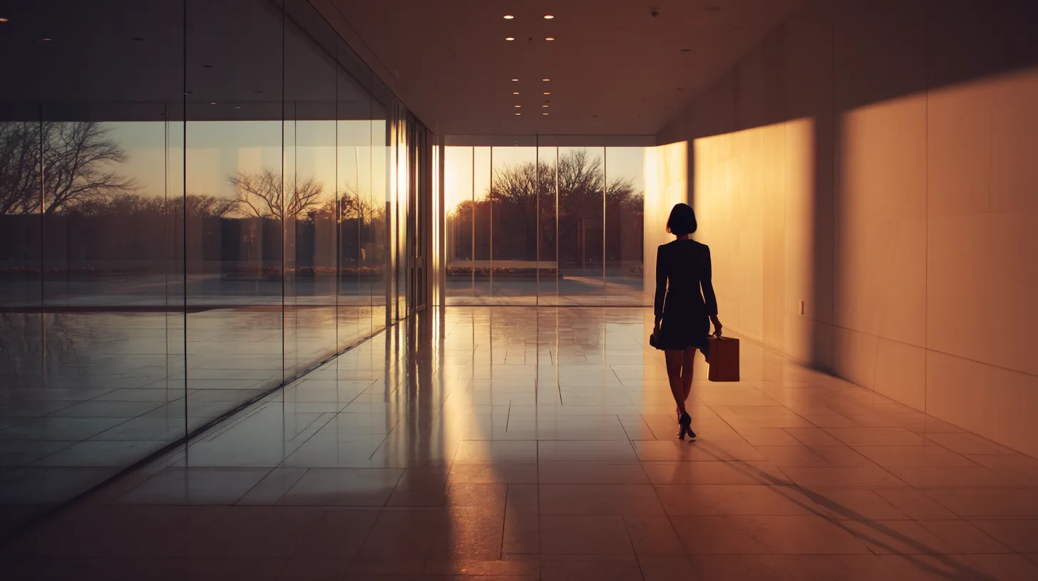 A lone figure with a briefcase walking away down a sunlit stone corridor