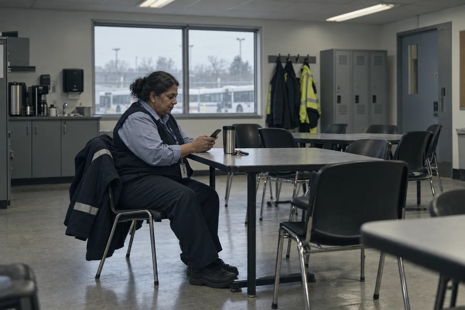 A bus driver at the end of her shift, alone at a table in a depot crew room, typing on her phone with her coat over the chair and her lanyard still round her neck