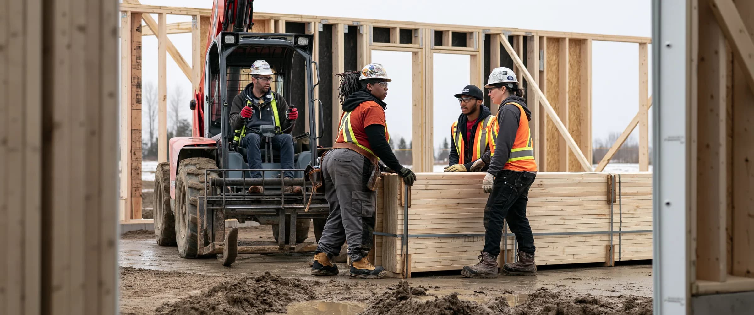 Four workers talking beside a telehandler and a stack of lumber on a framed site