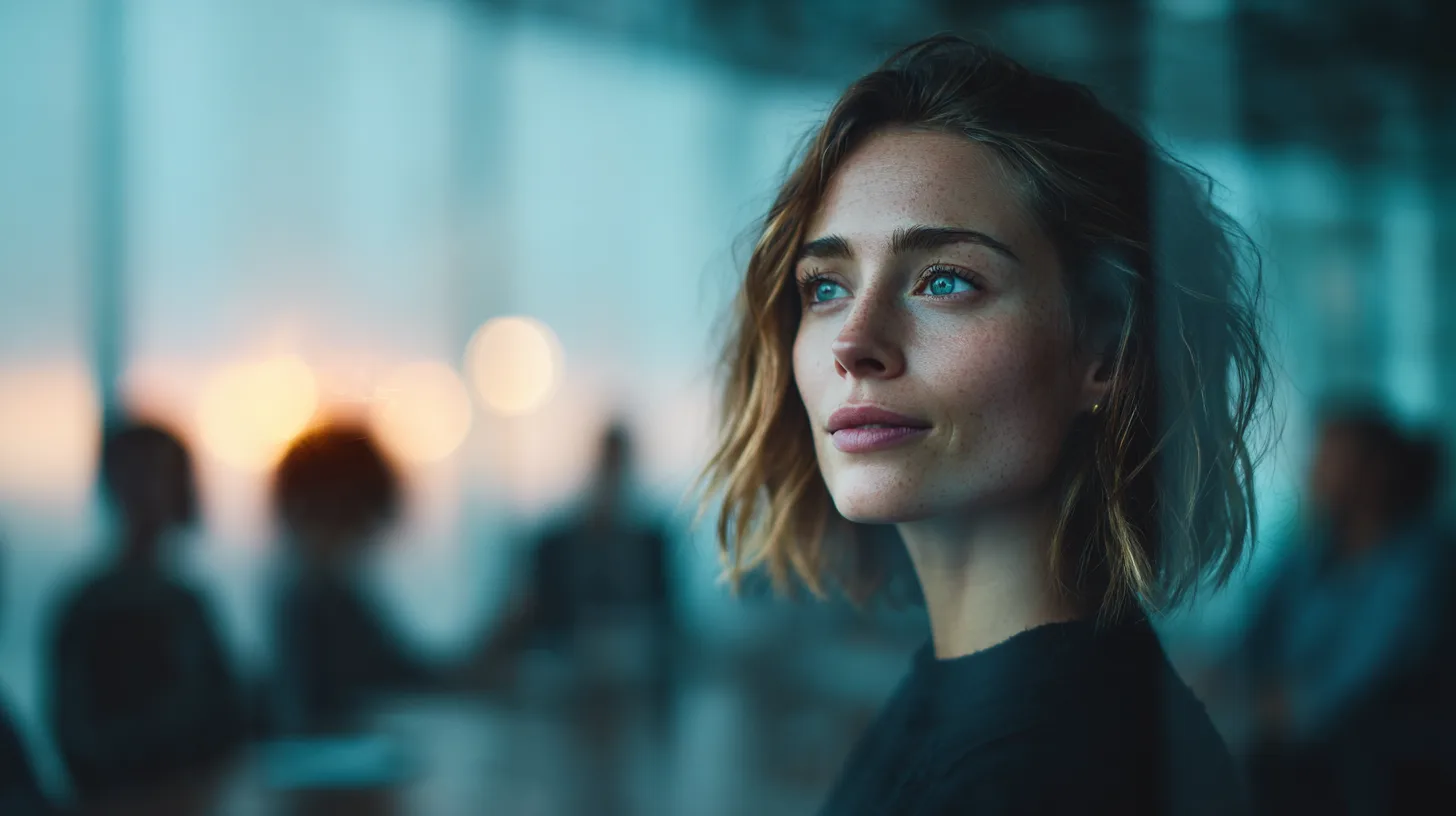 A worker mid-conversation in bright light, colleagues out of focus behind