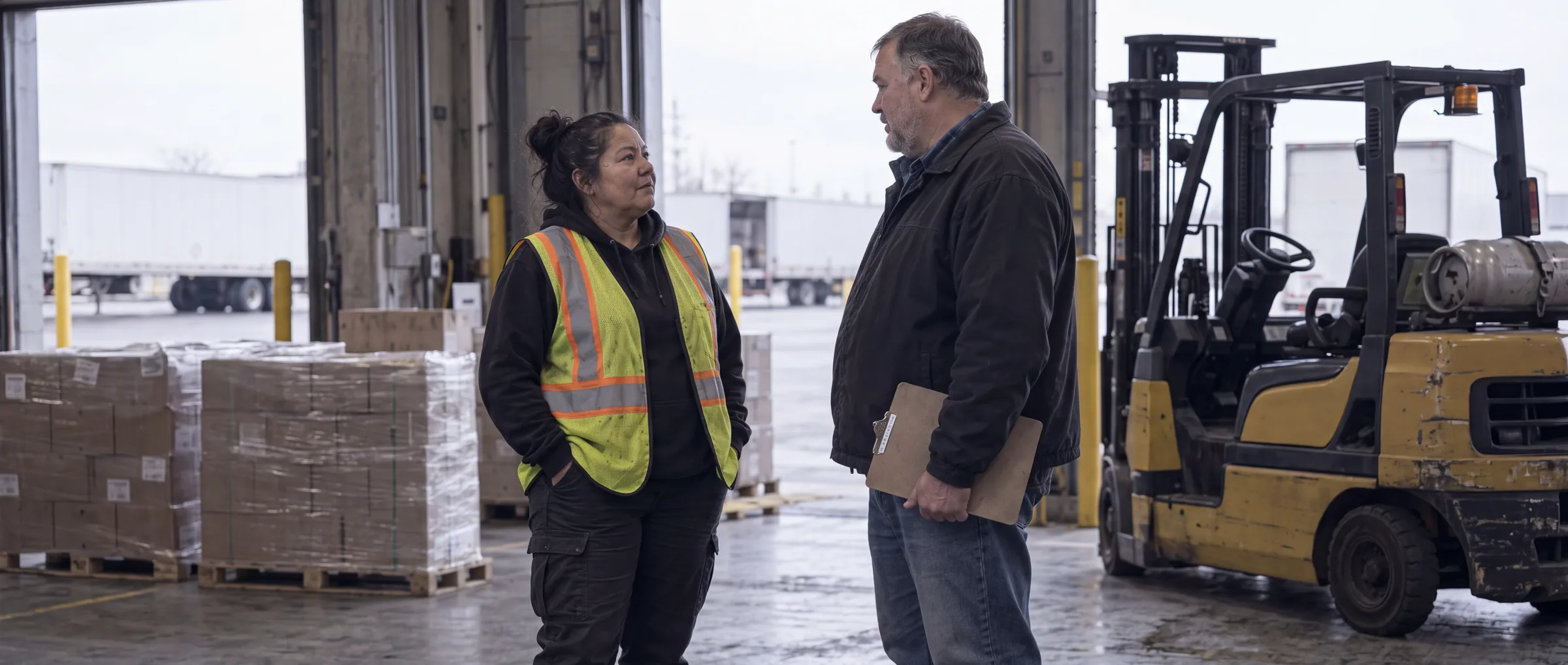 A supervisor and a worker in a high-visibility vest standing in conversation on a loading dock, the supervisor's clipboard lowered to his side rather than held between them