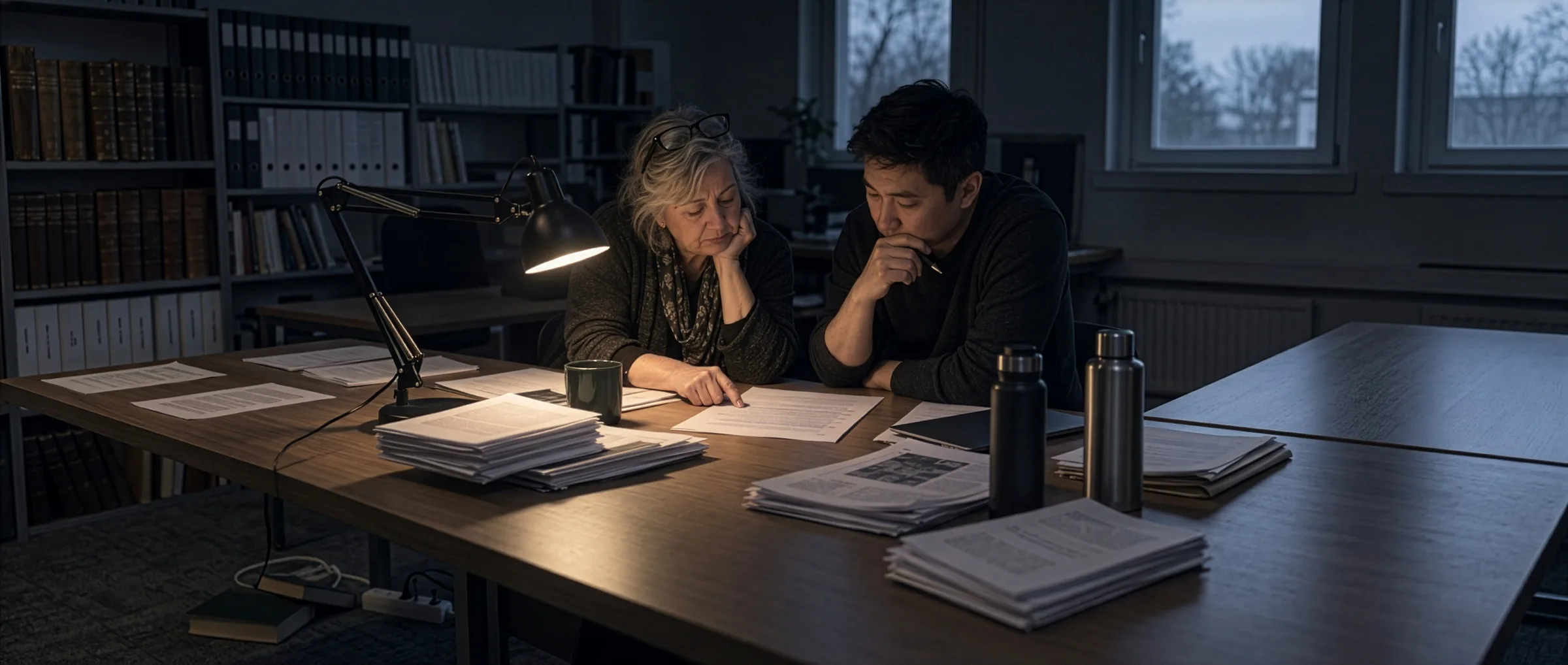 Two colleagues working late at a long table covered with printed research papers, one page between them marked heavily by hand, lit by a single desk lamp
