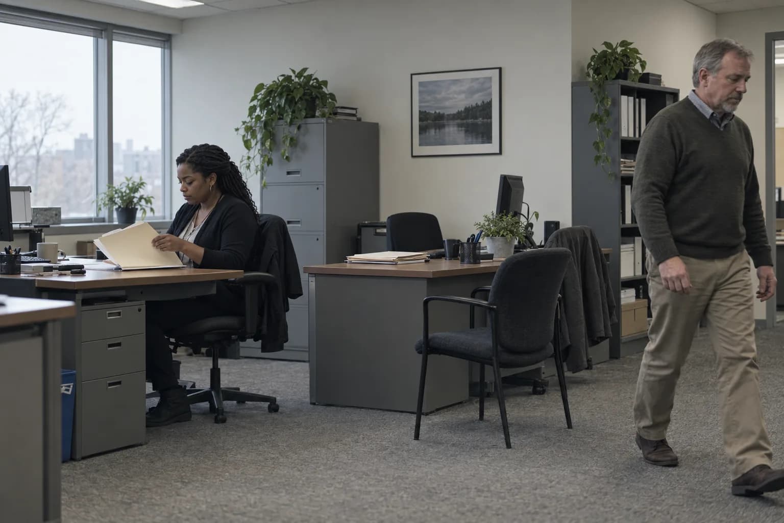 A plain office with two desks: one person opens a paper folder at her desk while a colleague walks out of frame with his hands empty at his sides