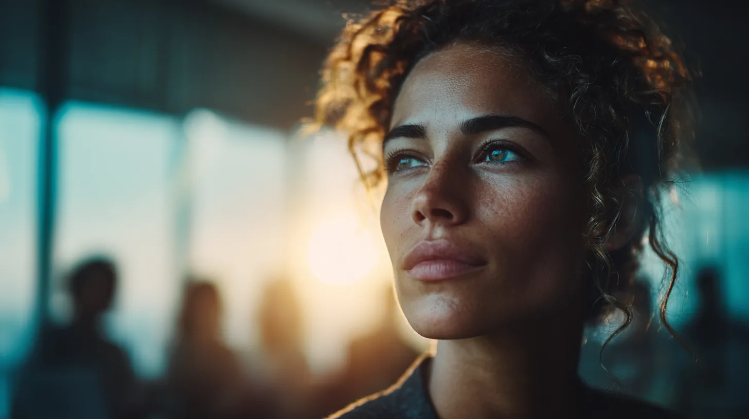 A woman looking away from the camera in low backlit light, colleagues out of focus behind her