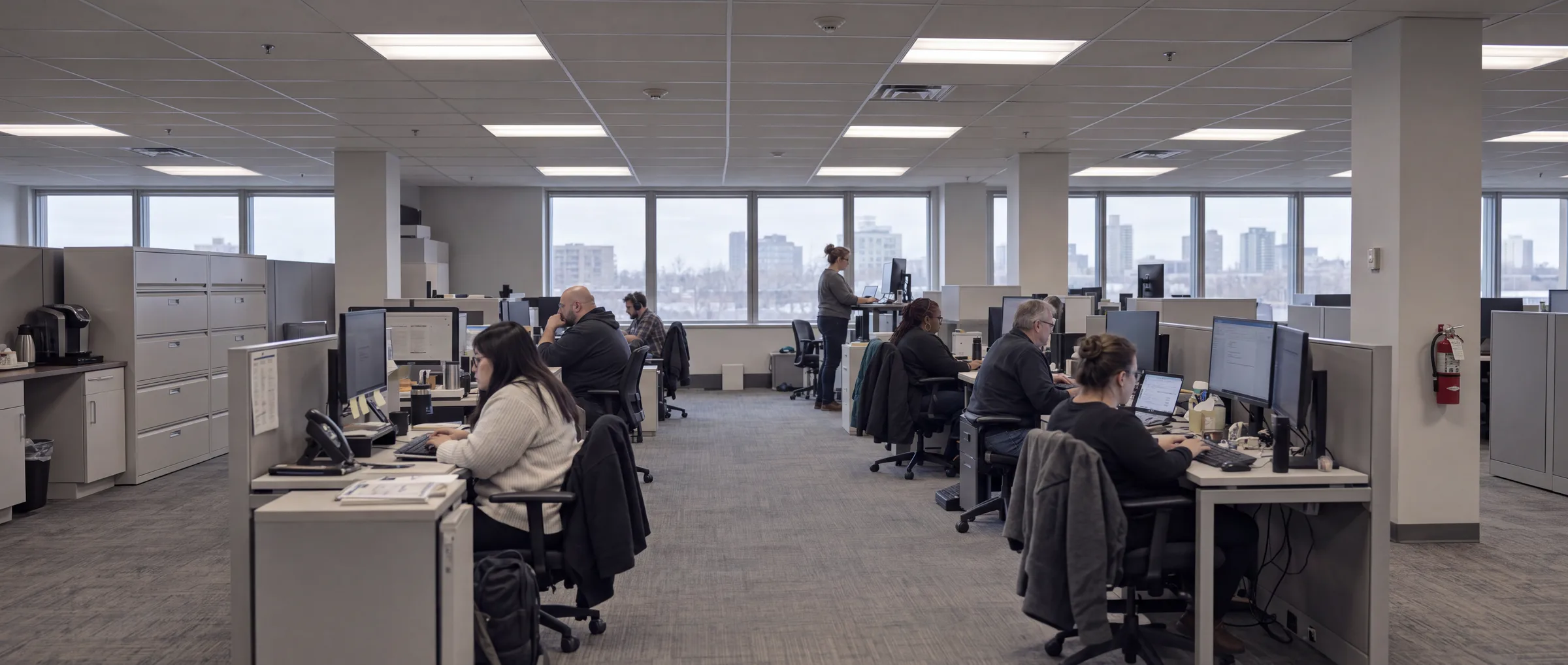 A wide view down an open-plan office floor in the afternoon, seven people working at their own desks, one of them standing at a raised desk by the window