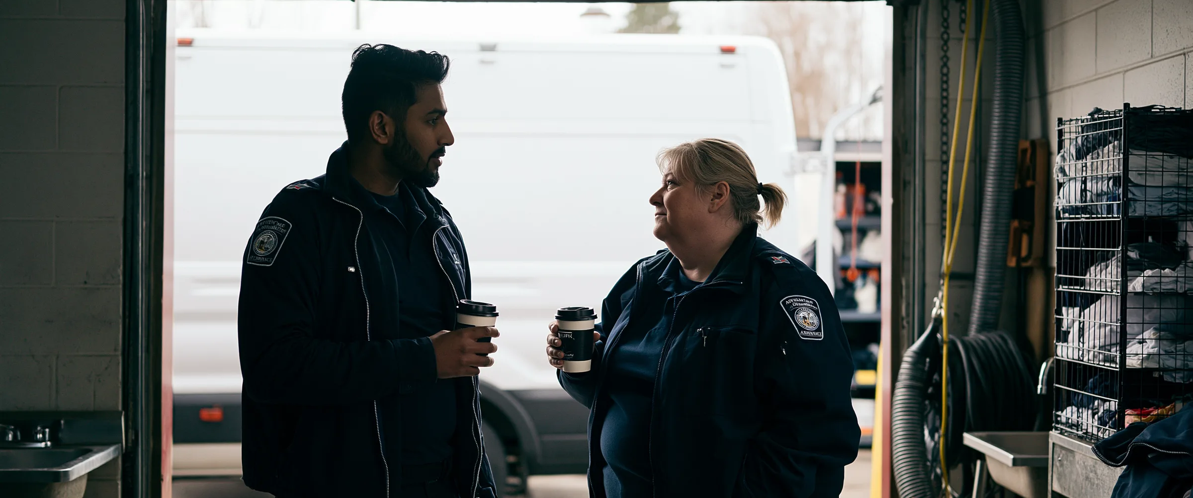 Two paramedics with coffees checking in at the open garage door