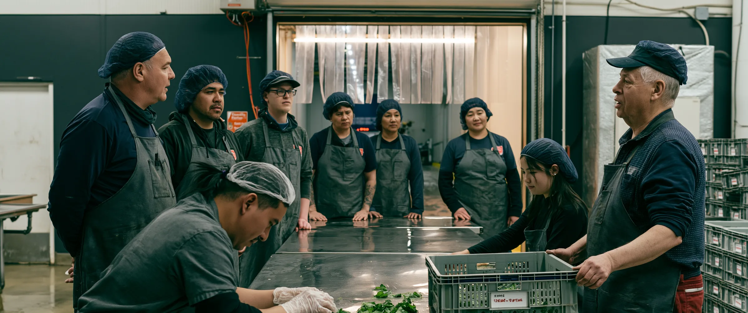 A produce-room crew gathered at a steel bench as a supervisor speaks