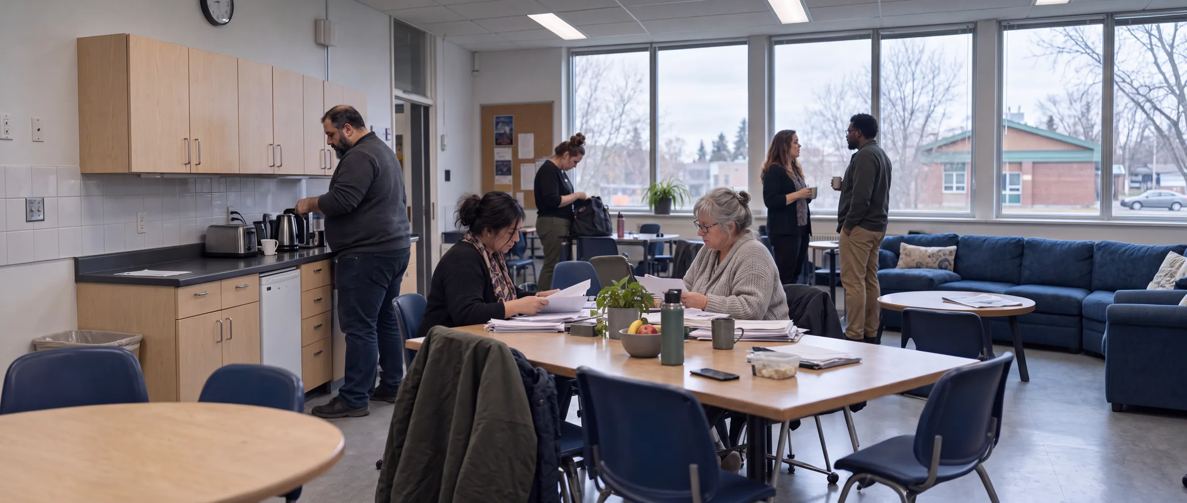 A school staffroom at the end of the day: two teachers marking at a long table, one making tea at the counter, one packing a bag, two more talking by the window with mugs