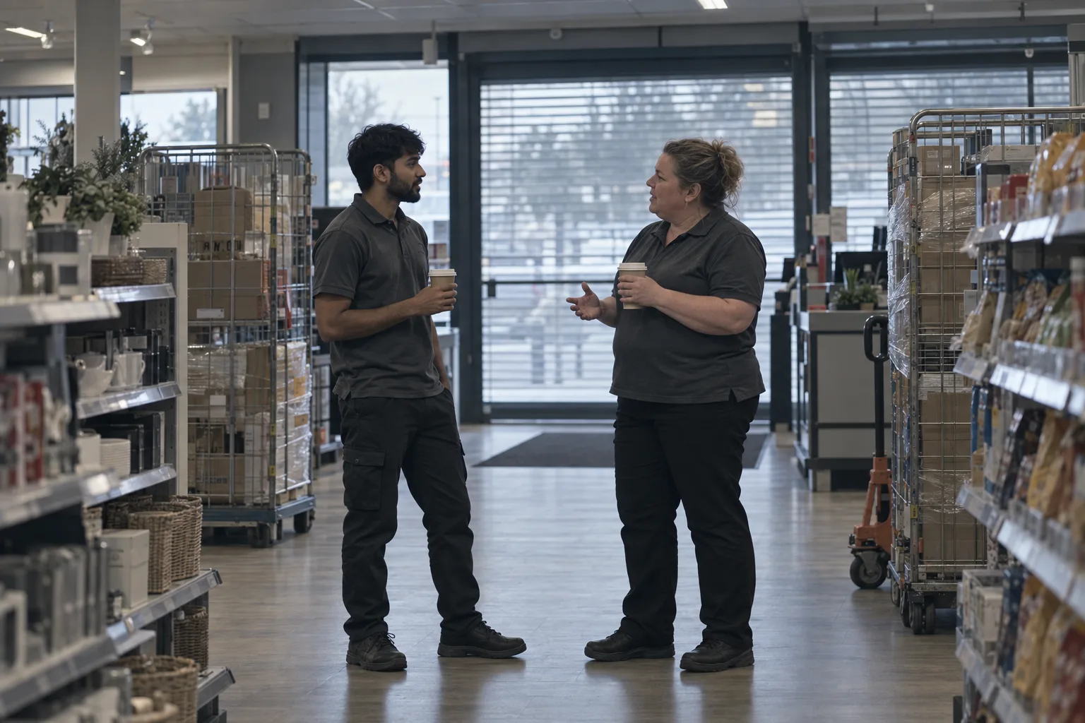A supervisor and a team member standing between the aisles of a shop before opening, shutters still down, both holding a coffee she has brought over