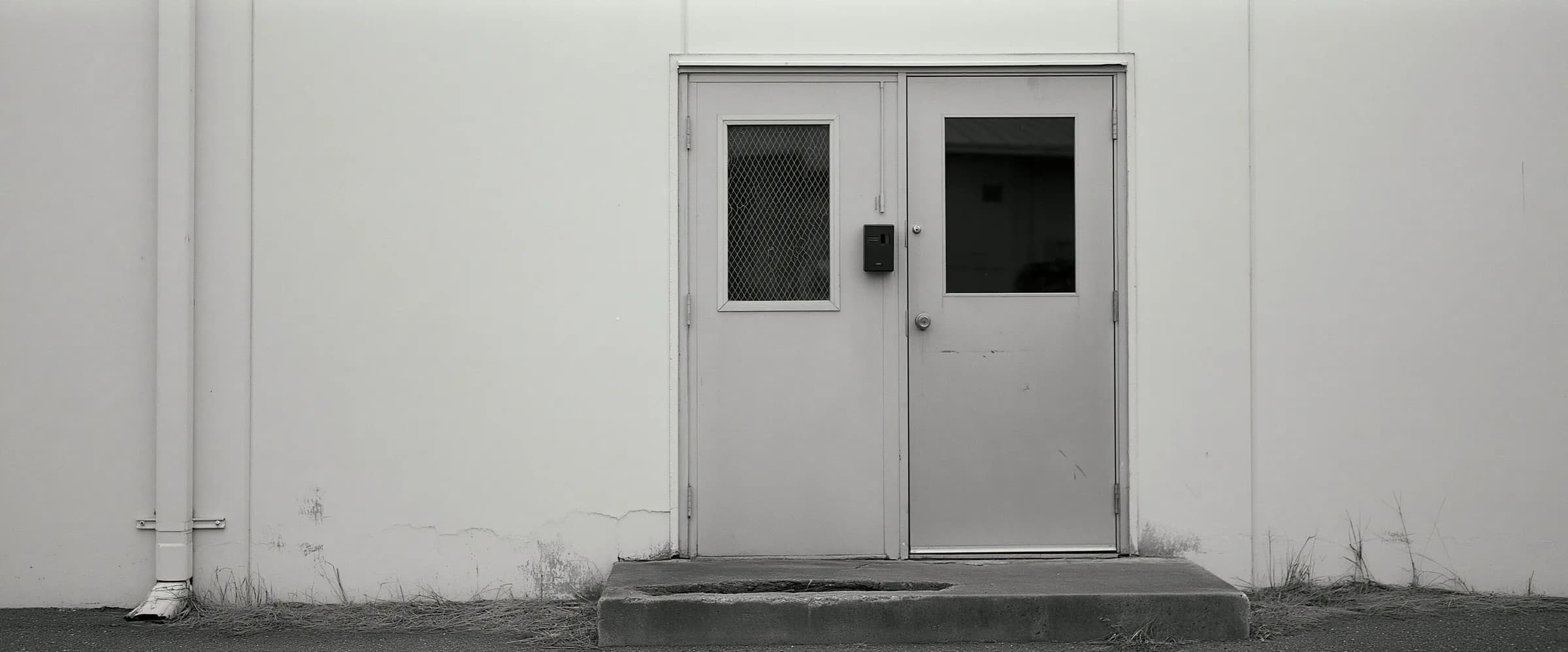 The staff entrance of a low industrial building, two plain metal doors with wired glass and an intercom beside them, seen square on from outside