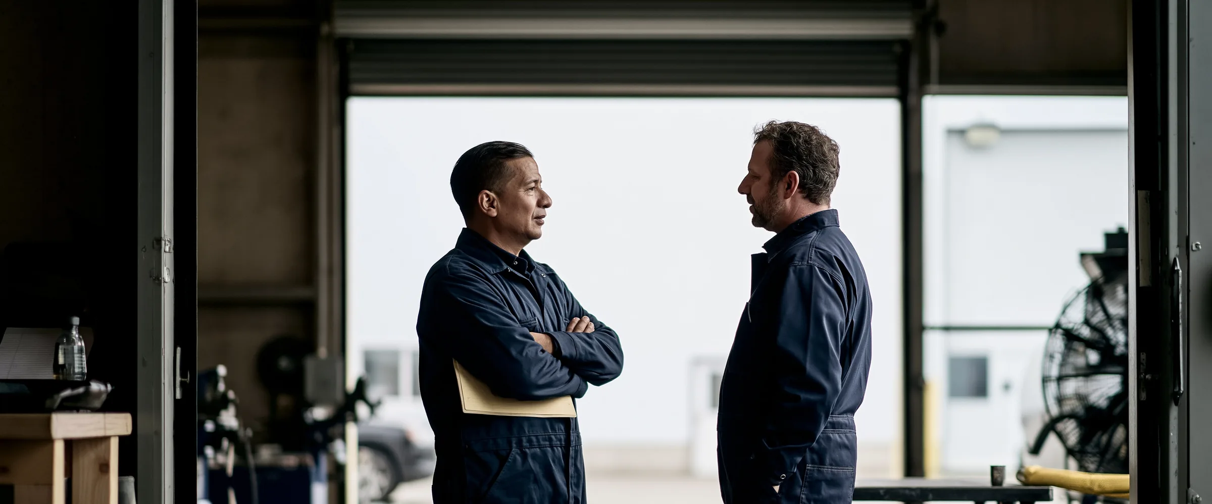 Two workers in navy coveralls standing talking just inside an open roller door, the yard bright behind them