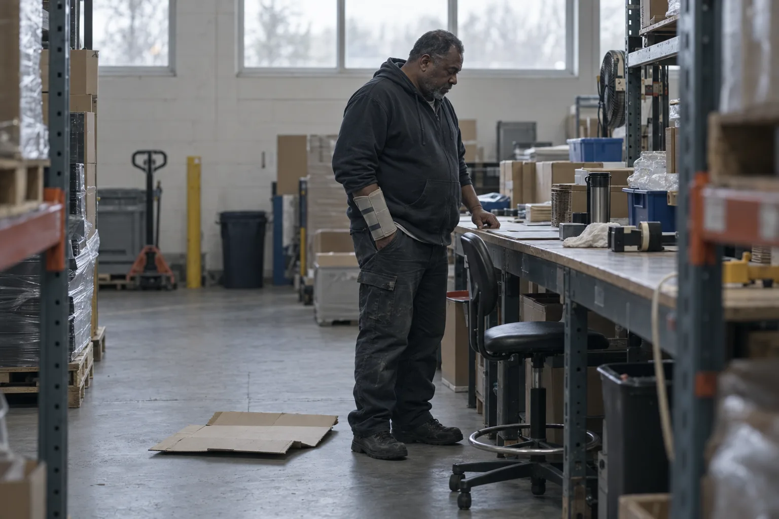 A man wearing a forearm brace standing at his workbench in a warehouse aisle, looking down at it without working, a flattened cardboard box still lying in the walkway beside him
