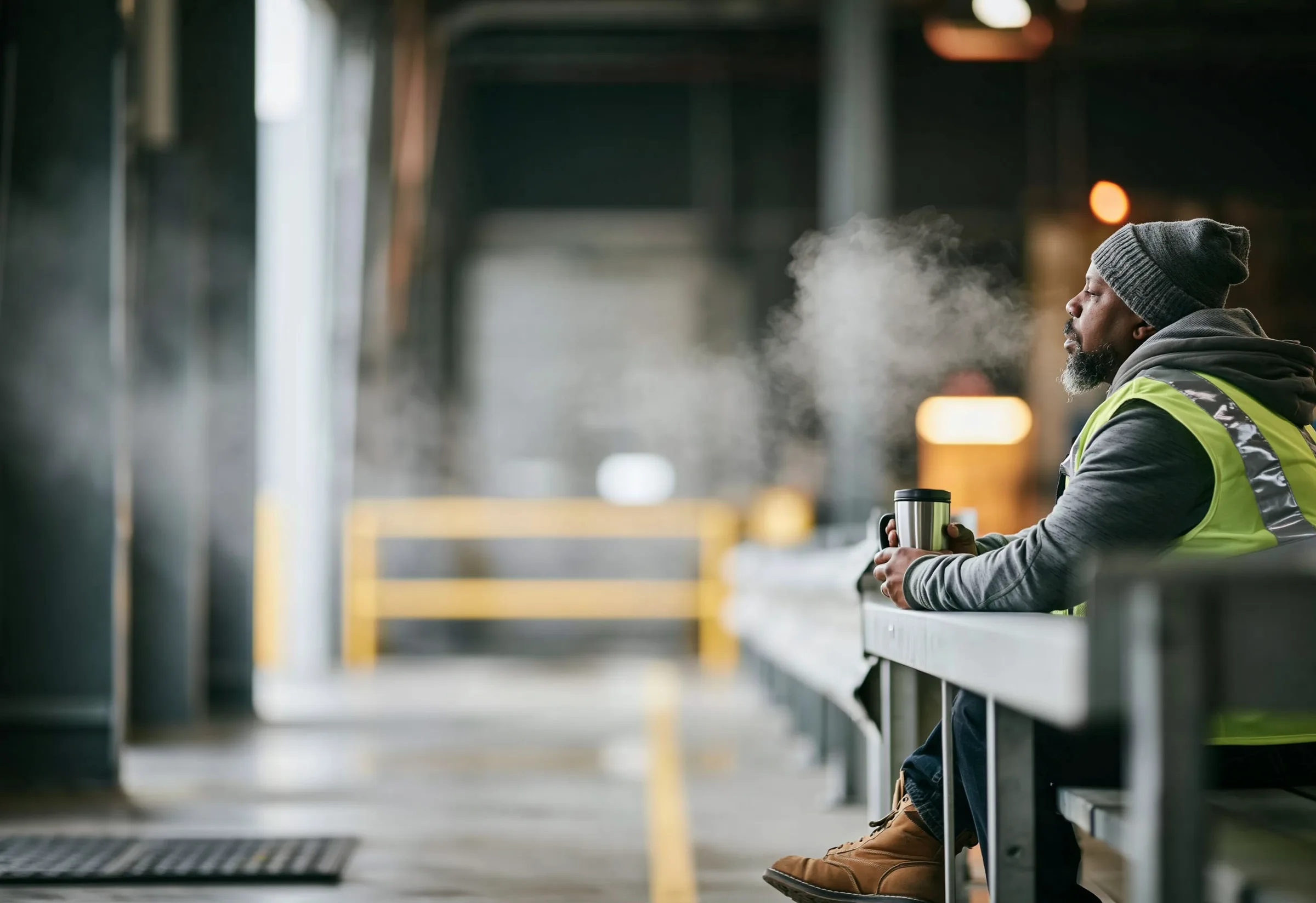 A warehouse worker alone on a bench with a coffee, breath visible in the cold