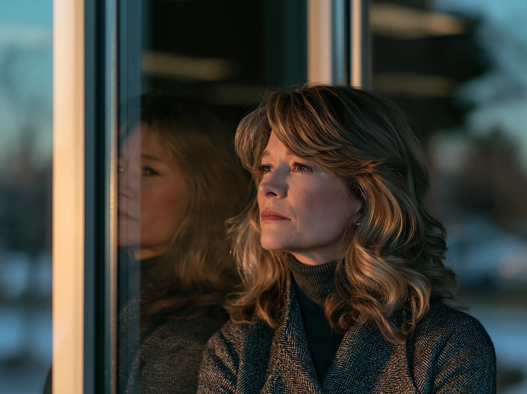 A woman at a window in profile at low sun, her reflection beside her in the glass