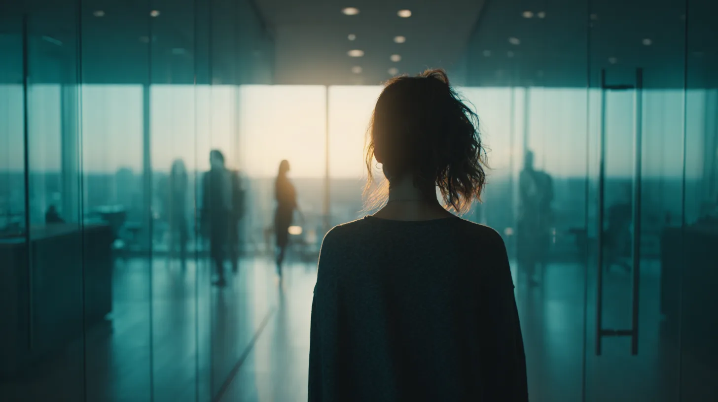 A woman seen from behind in a glass-walled office at dusk, colleagues blurred beyond the glass