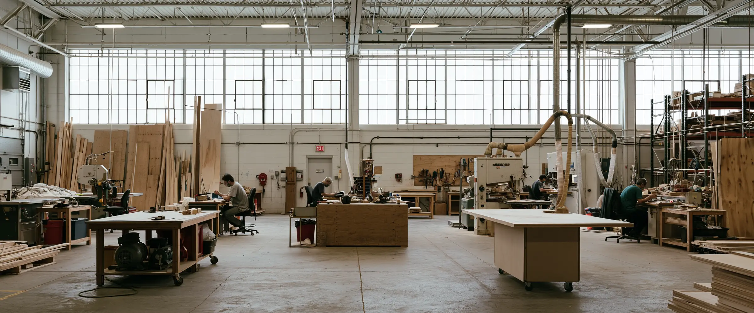 A wide view across a woodworking shop floor, several workers at separate benches under a band of high windows